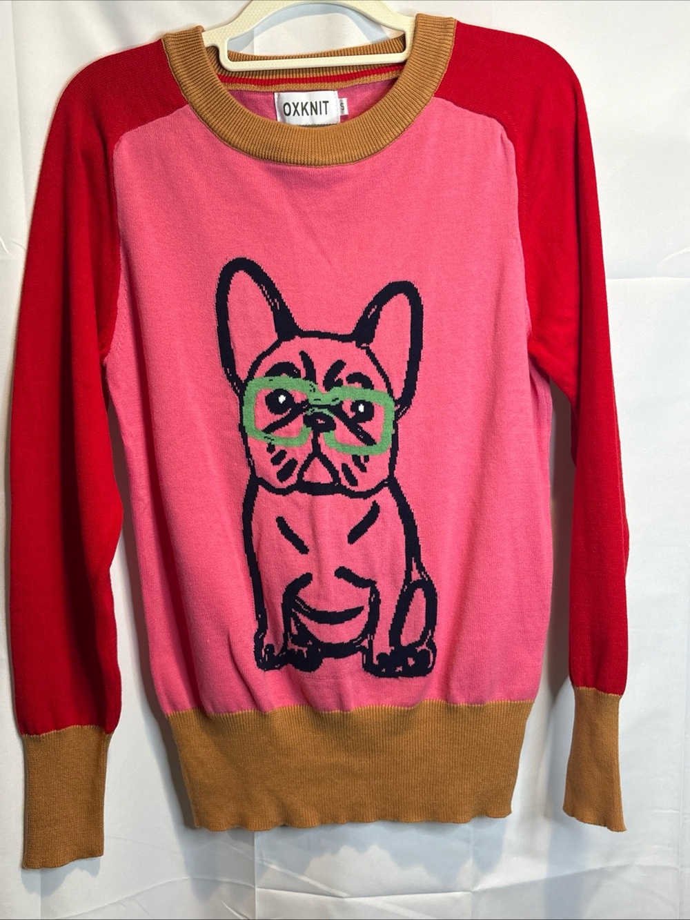 OXKNIT Women’s Pink Crewneck Sweater with Red Sleeves and Dog Graphic